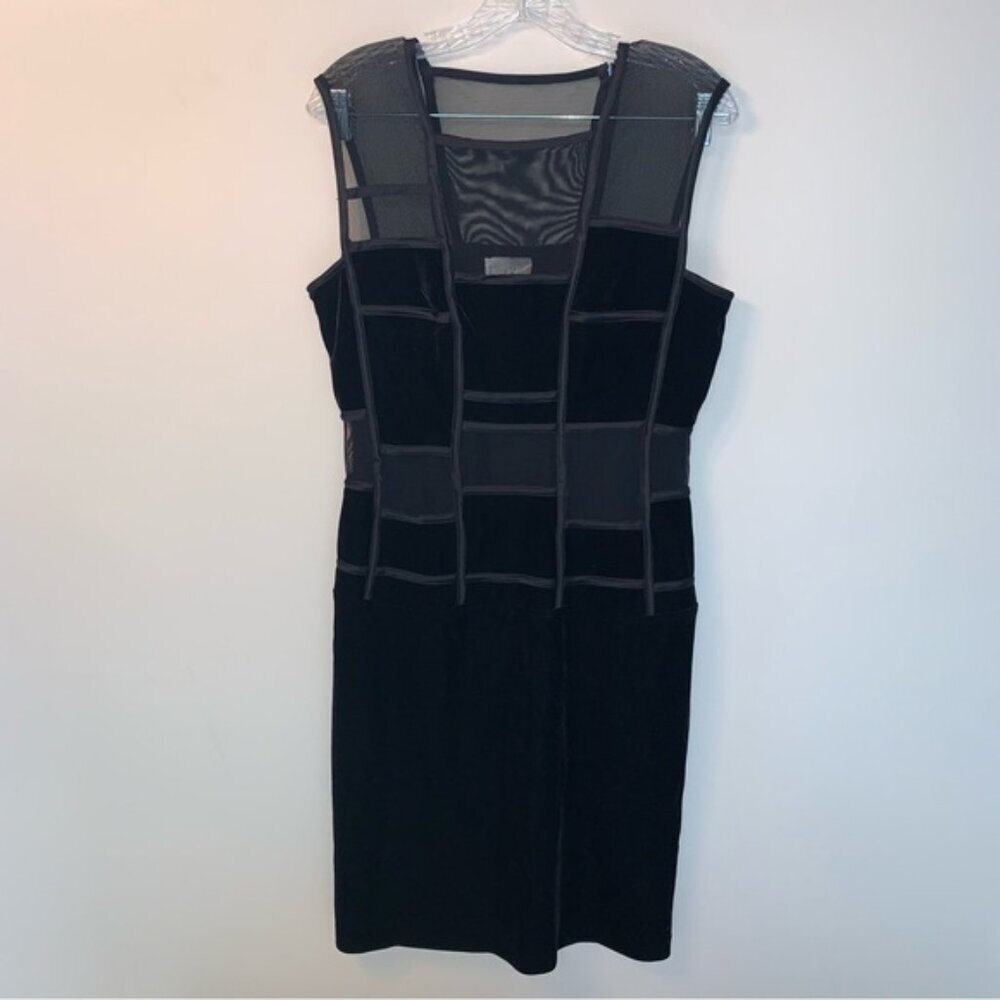 Joseph Ribkoff Couture Black Sheath Midi Dress Velvet Semi Sheer Mesh 10